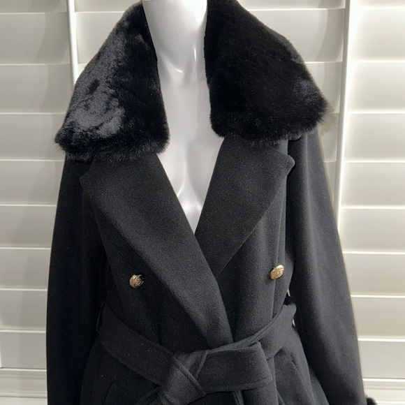 River Island Black Villanelle Coat Long w/ Faux Fur & Detachable Collar - Picture 10 of 13